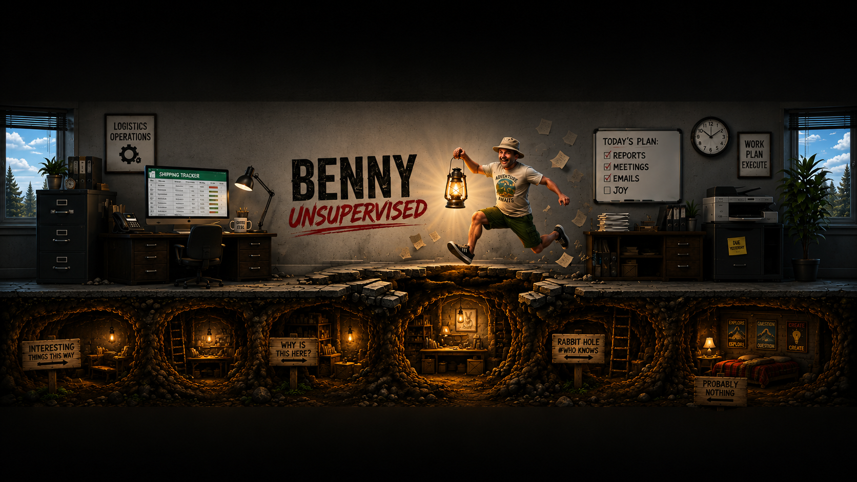 Benny Unsupervised office breaking open into a lantern-lit rabbit warren
